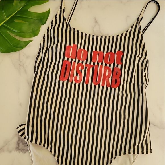 One Piece Swimsuit NOBO large Do Not Disturb black white striped swimming suit - Picture 1 of 7
